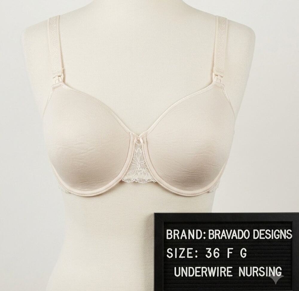 Bravado Designs Nursing Bra 36 F G Cream Beige Underwire Drop Down Clips Lace